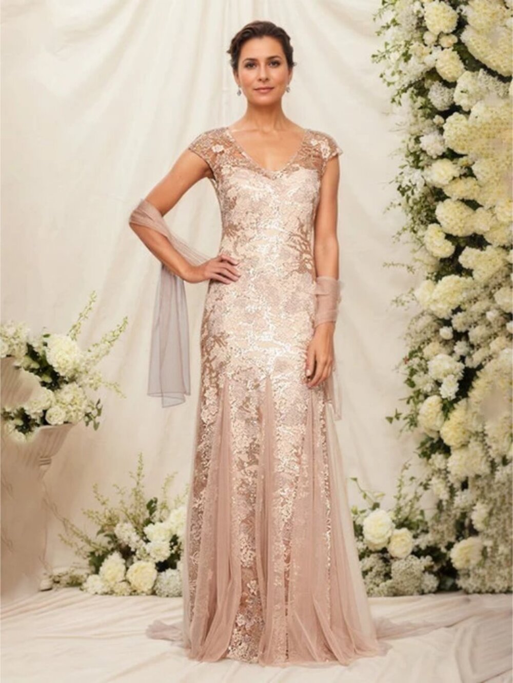 Rose Gold Lace Evening Dress with Shawl
